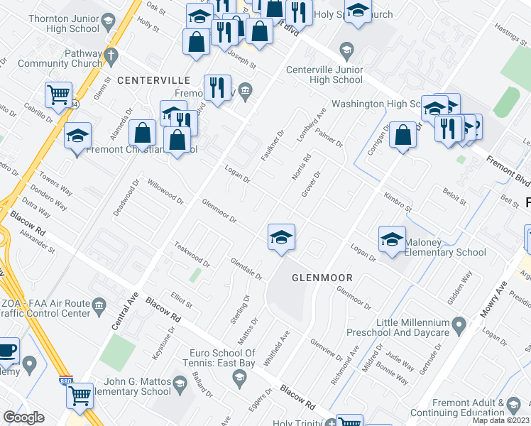 map of restaurants, bars, coffee shops, grocery stores, and more near 4524 Norris Road in Fremont