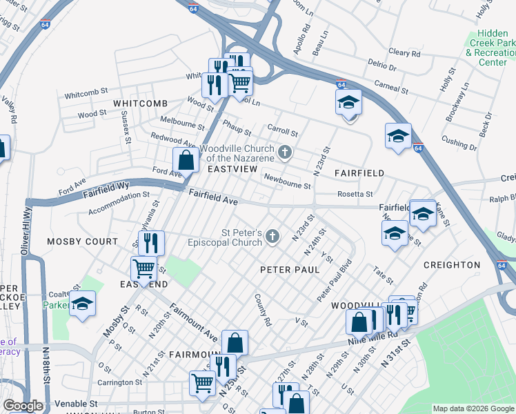map of restaurants, bars, coffee shops, grocery stores, and more near 2015 Fairfield Avenue in Richmond