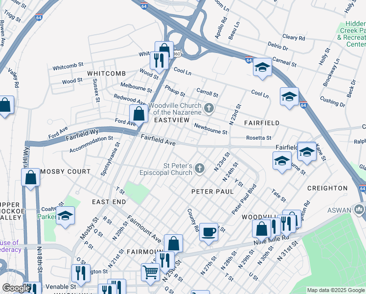 map of restaurants, bars, coffee shops, grocery stores, and more near 2015 Fairfield Avenue in Richmond