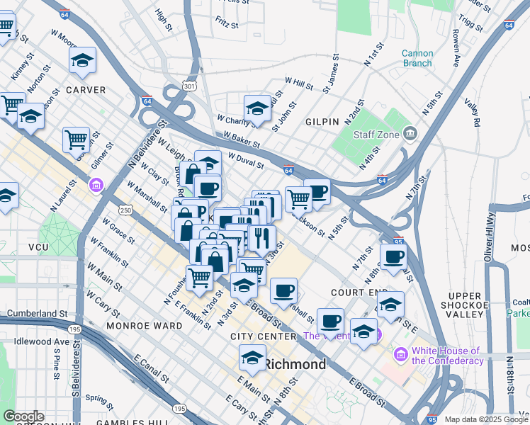 map of restaurants, bars, coffee shops, grocery stores, and more near 110 East Leigh Street in Richmond