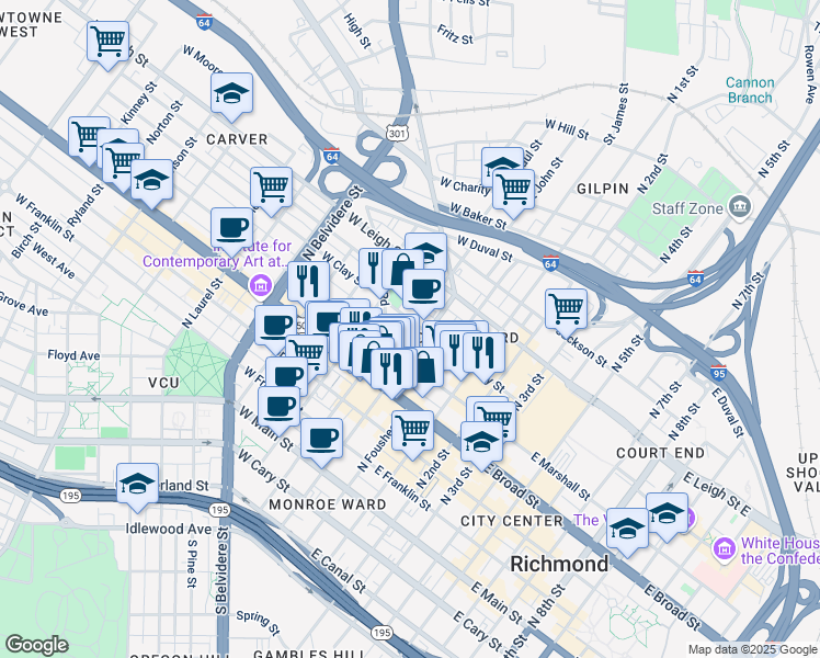 map of restaurants, bars, coffee shops, grocery stores, and more near 115 West Clay Street in Richmond