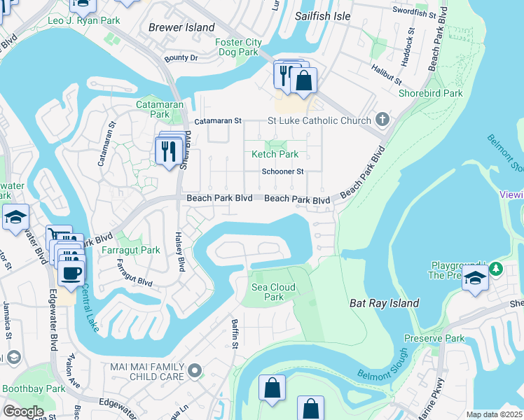 map of restaurants, bars, coffee shops, grocery stores, and more near 918 Beach Park Boulevard in Foster City