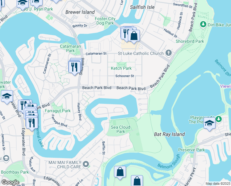 map of restaurants, bars, coffee shops, grocery stores, and more near 908 Beach Park Boulevard in Foster City