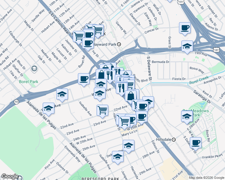 map of restaurants, bars, coffee shops, grocery stores, and more near 25 McAker Court in San Mateo