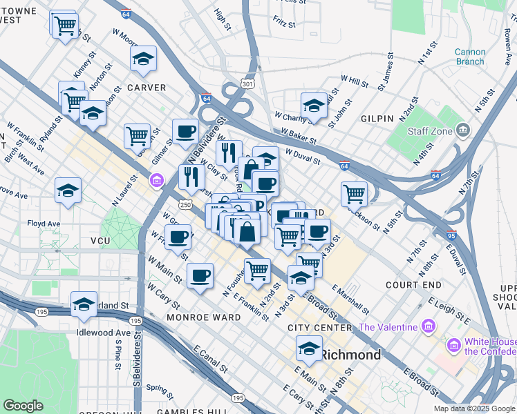 map of restaurants, bars, coffee shops, grocery stores, and more near 111 West Clay Street in Richmond