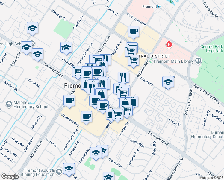 map of restaurants, bars, coffee shops, grocery stores, and more near 3801 Beacon Avenue in Fremont