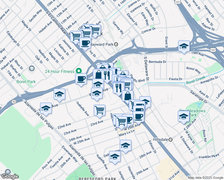 map of restaurants, bars, coffee shops, grocery stores, and more near 2000 South El Camino Real in San Mateo