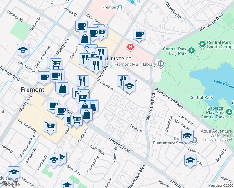 map of restaurants, bars, coffee shops, grocery stores, and more near 3473 Gilman Common in Fremont