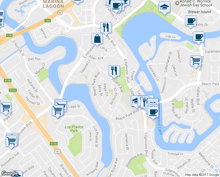 map of restaurants, bars, coffee shops, grocery stores, and more near 824 Arcturus Circle in Foster City