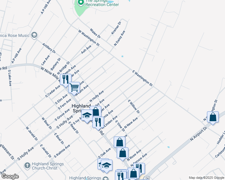 map of restaurants, bars, coffee shops, grocery stores, and more near 122 North Ivy Avenue in Highland Springs