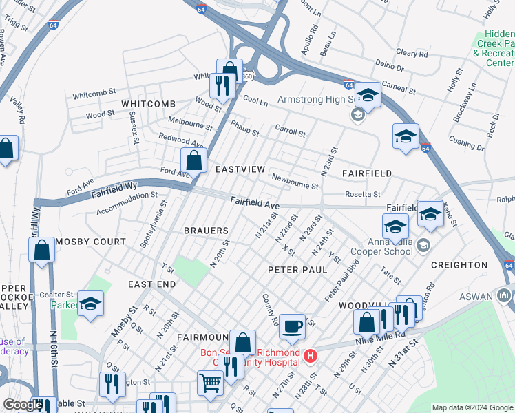 map of restaurants, bars, coffee shops, grocery stores, and more near 2017 Fairfield Avenue in Richmond