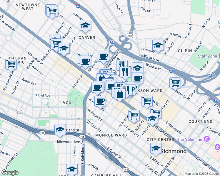 map of restaurants, bars, coffee shops, grocery stores, and more near 309 North Monroe Street in Richmond