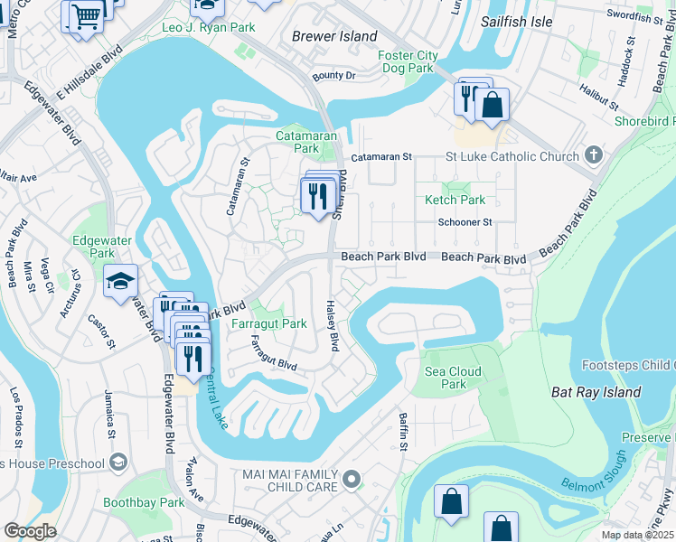 map of restaurants, bars, coffee shops, grocery stores, and more near 819 Spruance Lane in Foster City