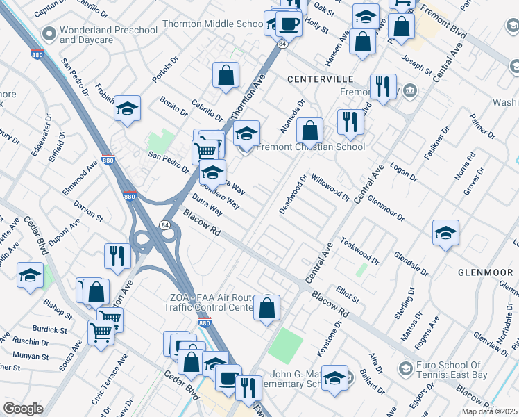 map of restaurants, bars, coffee shops, grocery stores, and more near 4851 Hansen Avenue in Fremont