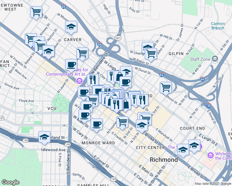 map of restaurants, bars, coffee shops, grocery stores, and more near 413 Brook Road in Richmond