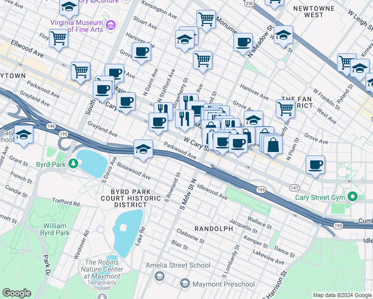 map of restaurants, bars, coffee shops, grocery stores, and more near 2102 Parkwood Avenue in Richmond