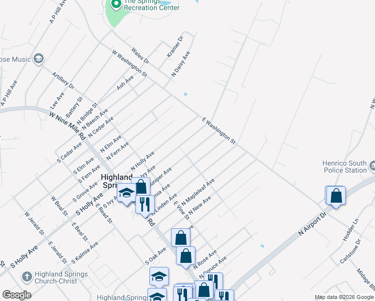 map of restaurants, bars, coffee shops, grocery stores, and more near 200 North Juniper Avenue in Highland Springs