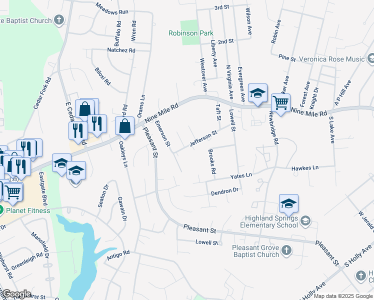 map of restaurants, bars, coffee shops, grocery stores, and more near 5419 Jefferson Street in Richmond