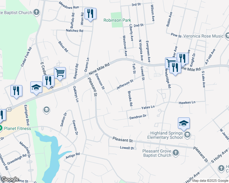 map of restaurants, bars, coffee shops, grocery stores, and more near 5419 Jefferson Street in Richmond