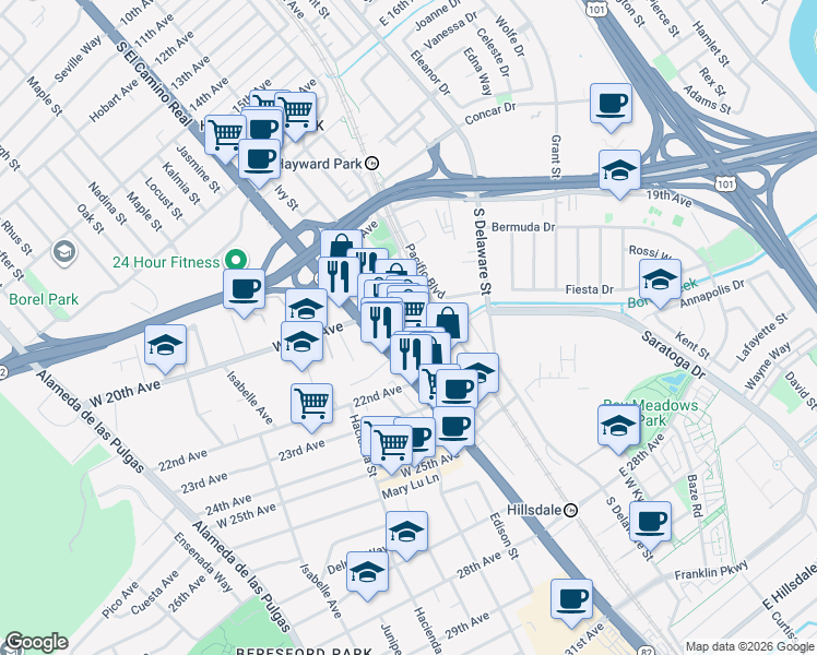 map of restaurants, bars, coffee shops, grocery stores, and more near 71 21st Avenue in San Mateo