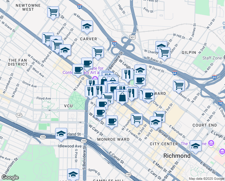 map of restaurants, bars, coffee shops, grocery stores, and more near 300 North Monroe Street in Richmond