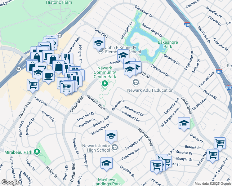 map of restaurants, bars, coffee shops, grocery stores, and more near 5724 Ravenwood Avenue in Newark