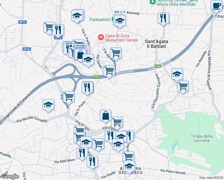 map of restaurants, bars, coffee shops, grocery stores, and more near 26 Via Trieste in Gravina di Catania