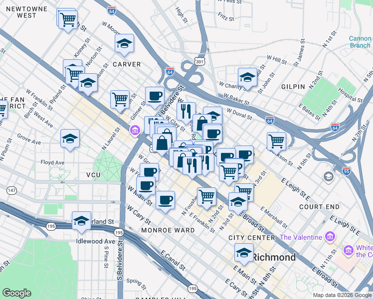 map of restaurants, bars, coffee shops, grocery stores, and more near 218 West Marshall Street in Richmond