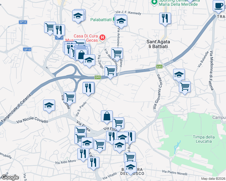 map of restaurants, bars, coffee shops, grocery stores, and more near 24 Via Trieste in Gravina di Catania