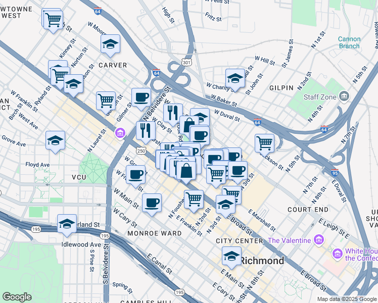 map of restaurants, bars, coffee shops, grocery stores, and more near 121 West Clay Street in Richmond