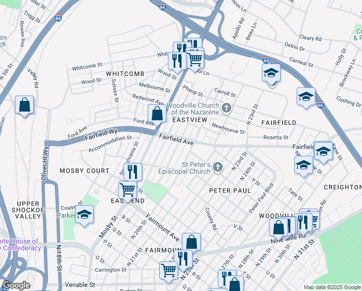 map of restaurants, bars, coffee shops, grocery stores, and more near 1541 North 19th Street in Richmond
