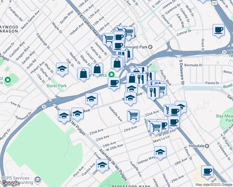 map of restaurants, bars, coffee shops, grocery stores, and more near in San Mateo