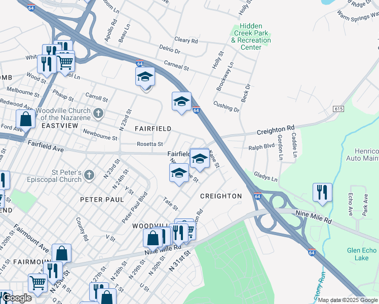 map of restaurants, bars, coffee shops, grocery stores, and more near 2700 Fairfield Avenue in Richmond
