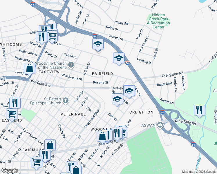 map of restaurants, bars, coffee shops, grocery stores, and more near 2514 Fairfield Avenue in Richmond
