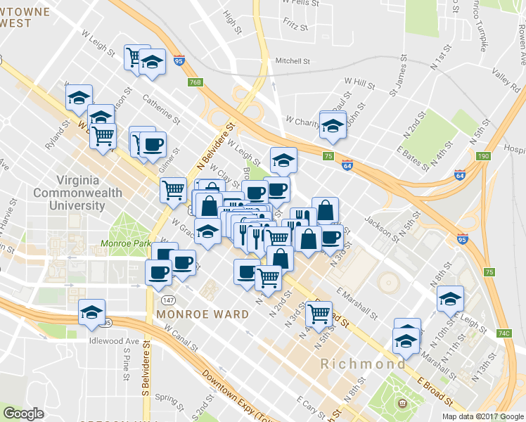 map of restaurants, bars, coffee shops, grocery stores, and more near 115 West Clay Street in Richmond
