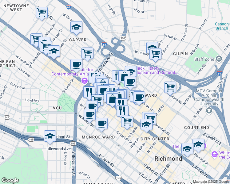 map of restaurants, bars, coffee shops, grocery stores, and more near 218 West Marshall Street in Richmond