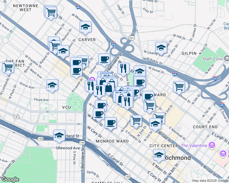 map of restaurants, bars, coffee shops, grocery stores, and more near 309 North Monroe Street in Richmond