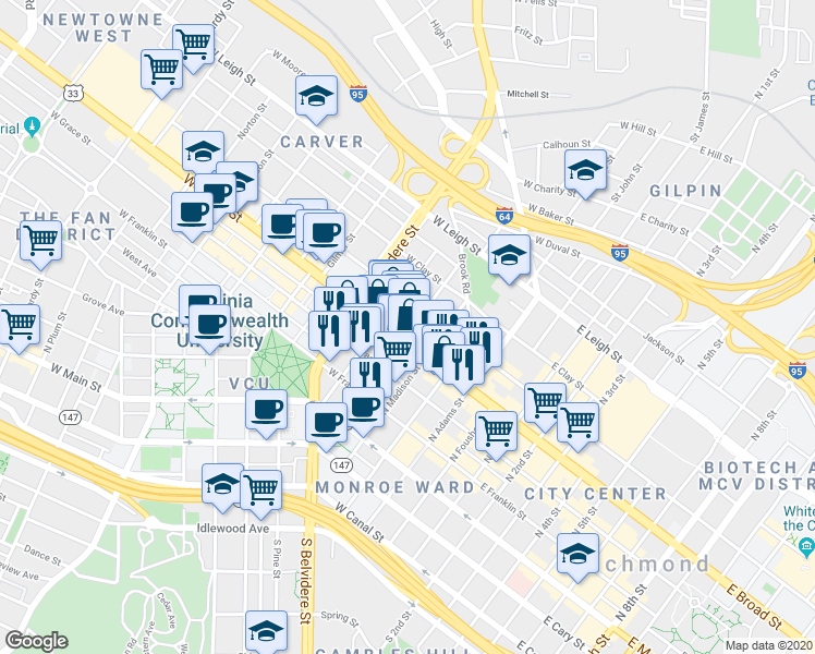 map of restaurants, bars, coffee shops, grocery stores, and more near 309 North Monroe Street in Richmond