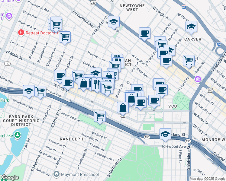 map of restaurants, bars, coffee shops, grocery stores, and more near 1521 Floyd Avenue in Richmond