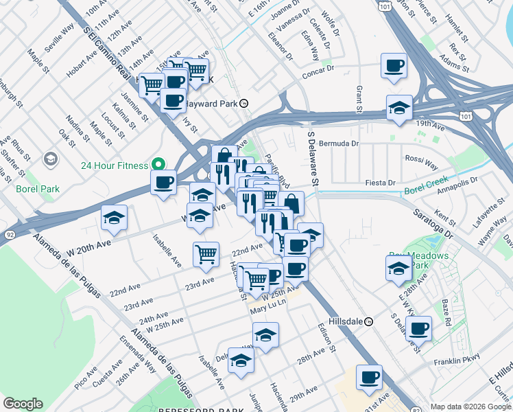 map of restaurants, bars, coffee shops, grocery stores, and more near 71 21st Avenue in San Mateo