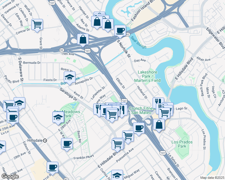 map of restaurants, bars, coffee shops, grocery stores, and more near 1205 Wayne Way in San Mateo