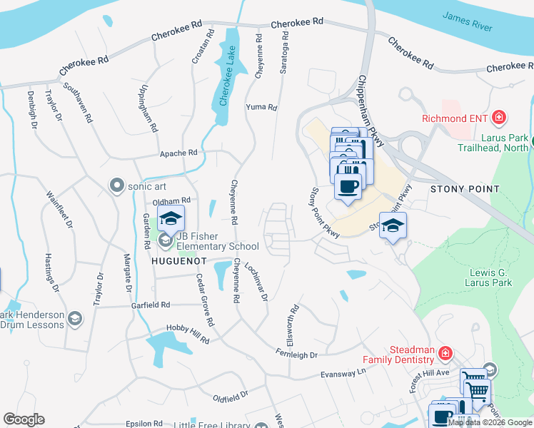 map of restaurants, bars, coffee shops, grocery stores, and more near 9462 1/2 Creek Summit Circle in Richmond