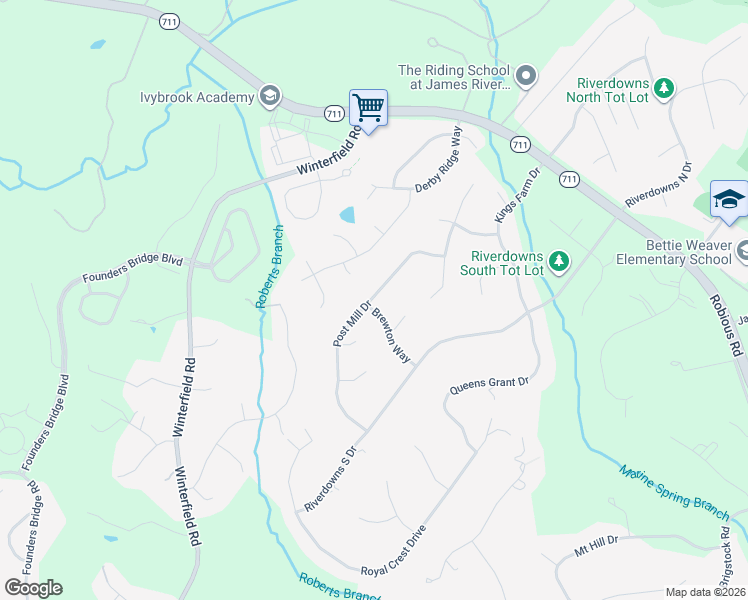 map of restaurants, bars, coffee shops, grocery stores, and more near 3412 Brewton Way in Midlothian