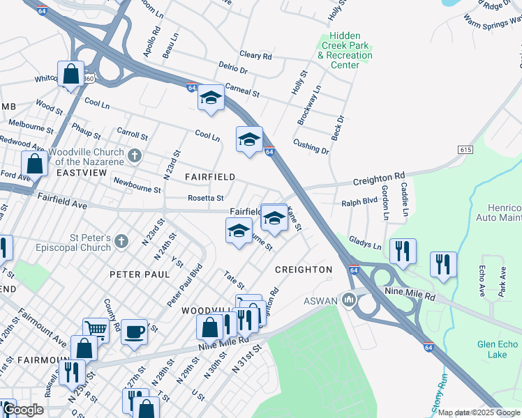 map of restaurants, bars, coffee shops, grocery stores, and more near 2700 Fairfield Avenue in Richmond