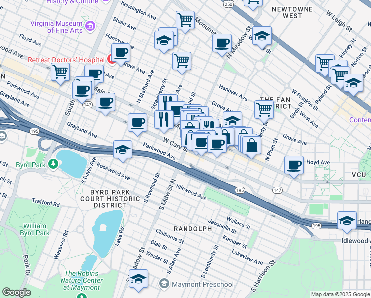 map of restaurants, bars, coffee shops, grocery stores, and more near 2000 West Cary Street in Richmond