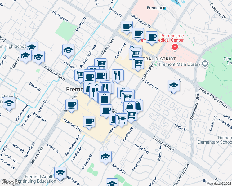 map of restaurants, bars, coffee shops, grocery stores, and more near 3801-3805 Beacon Avenue in Fremont