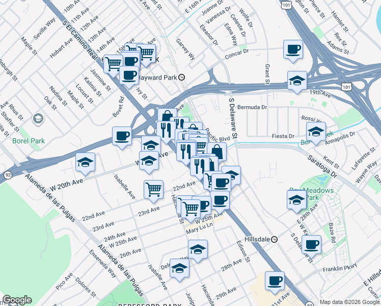 map of restaurants, bars, coffee shops, grocery stores, and more near 71 21st Avenue in San Mateo