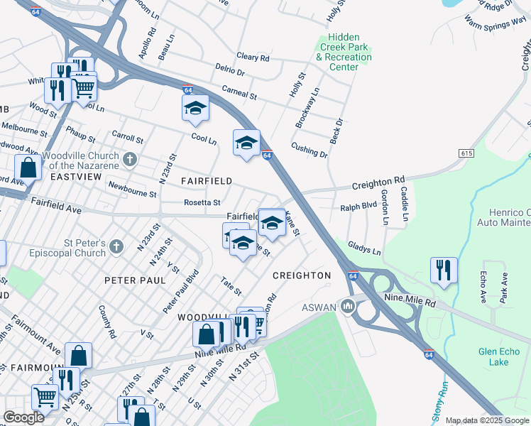 map of restaurants, bars, coffee shops, grocery stores, and more near 2700 Fairfield Avenue in Richmond