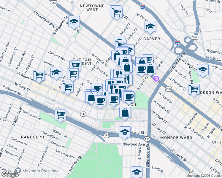 map of restaurants, bars, coffee shops, grocery stores, and more near 1005 Grove Avenue in Richmond