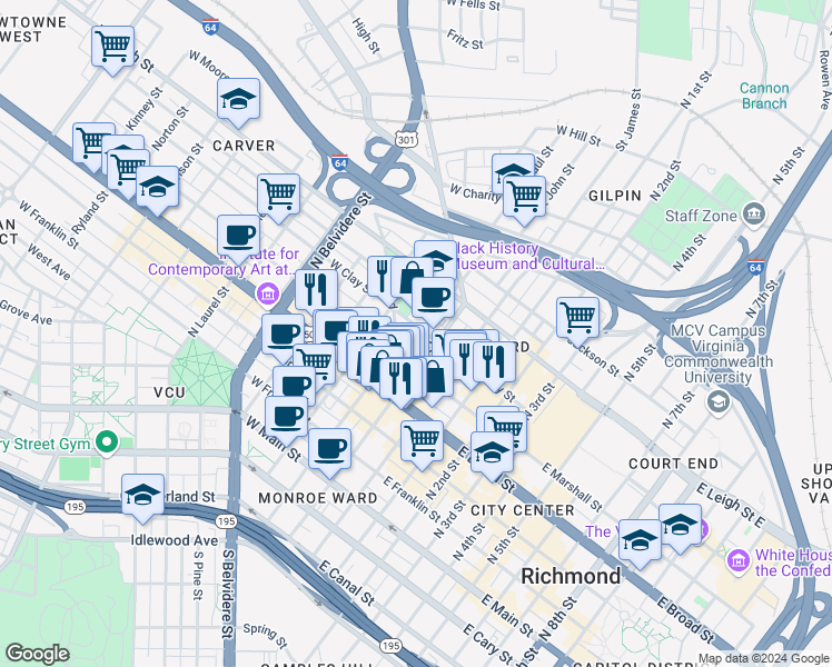 map of restaurants, bars, coffee shops, grocery stores, and more near 119 West Clay Street in Richmond